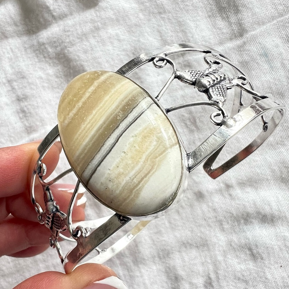 925 Blonde African Zebra Calcite Cuff Bracelet - Picture 5 of 9